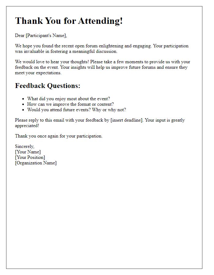 Letter template of post-event feedback request from the open forum moderator.