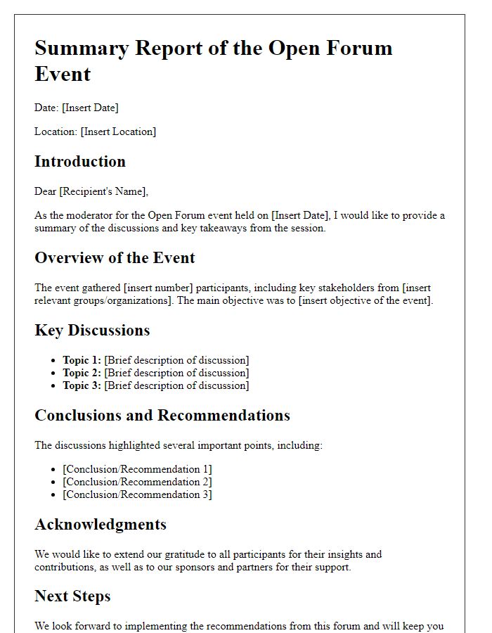 Letter template of summary report from the open forum event moderator.