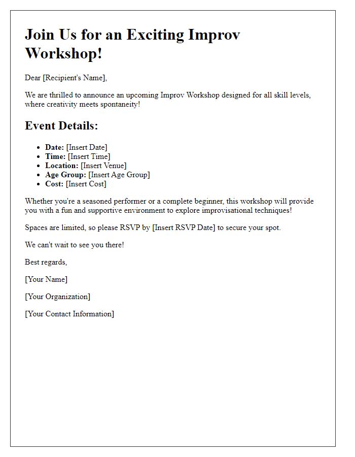 Letter template of announcement for an improv workshop event