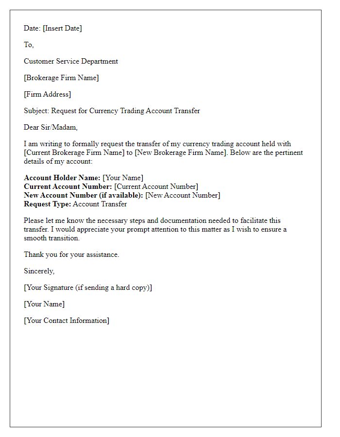 Letter template of currency trading account transfer request.