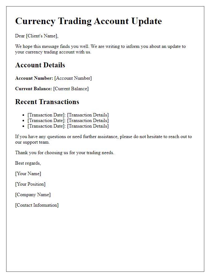 Letter template of currency trading account update notification.