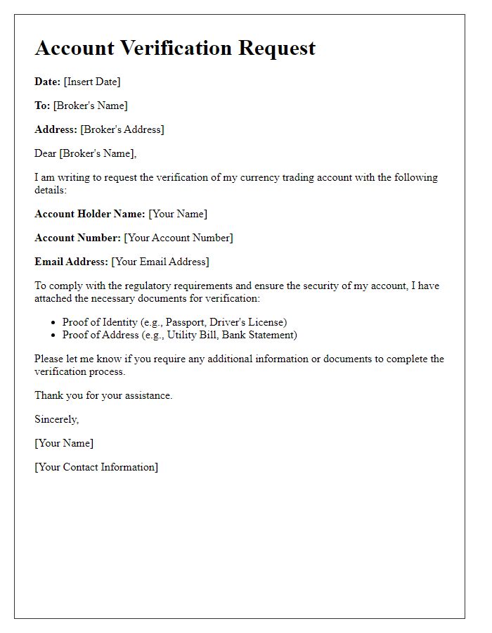 Letter template of currency trading account verification.