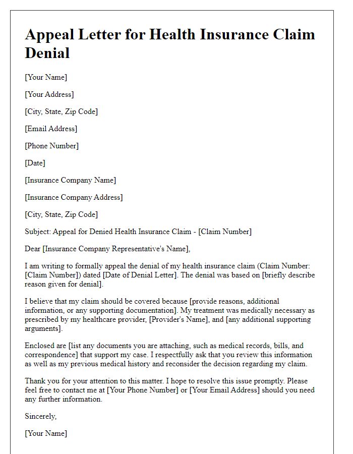 Letter template of appeal for health insurance claim denial.