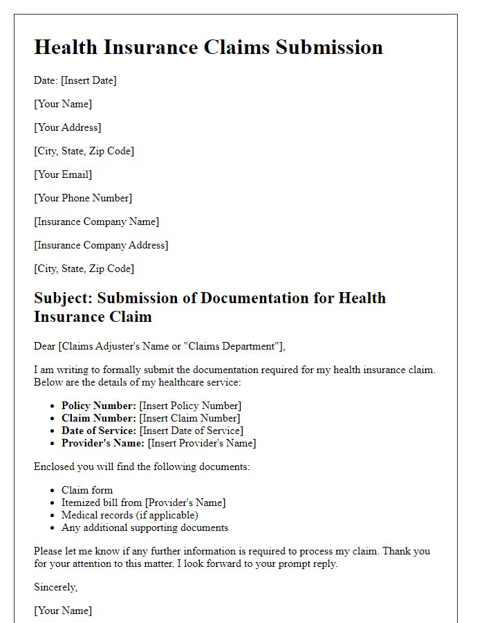 Letter template of documentation submission for health insurance claims.