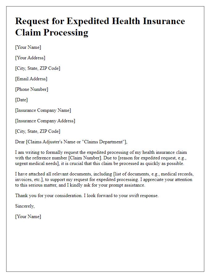 Letter template of request for expedited health insurance claim processing.