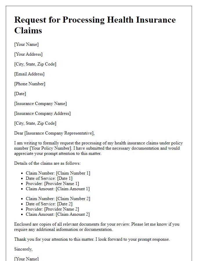 Letter template of request for processing health insurance claims.