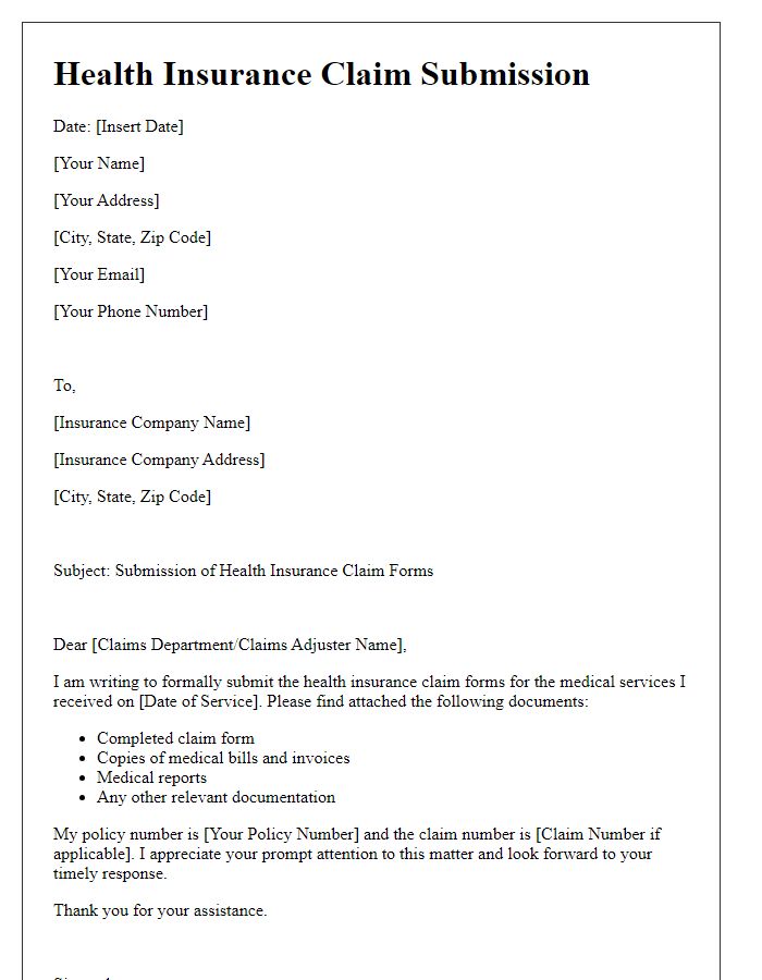 Letter template of submission for health insurance claim forms.