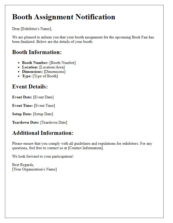 Letter template of booth assignment details for book fair exhibitors