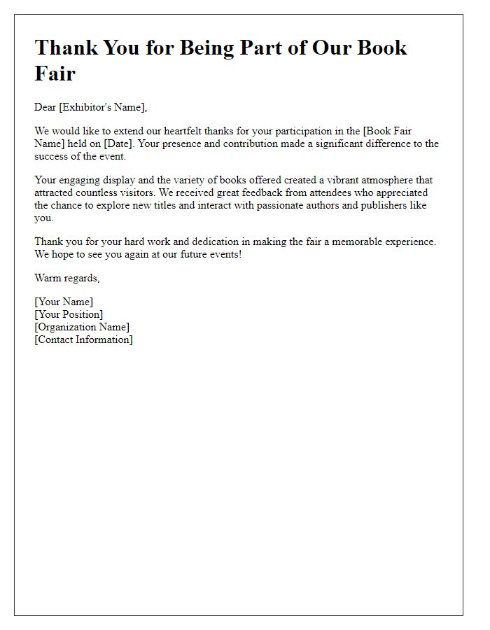 Letter template of thank you to book fair exhibitors