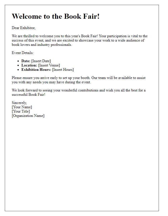 Letter template of welcome message for book fair exhibitors