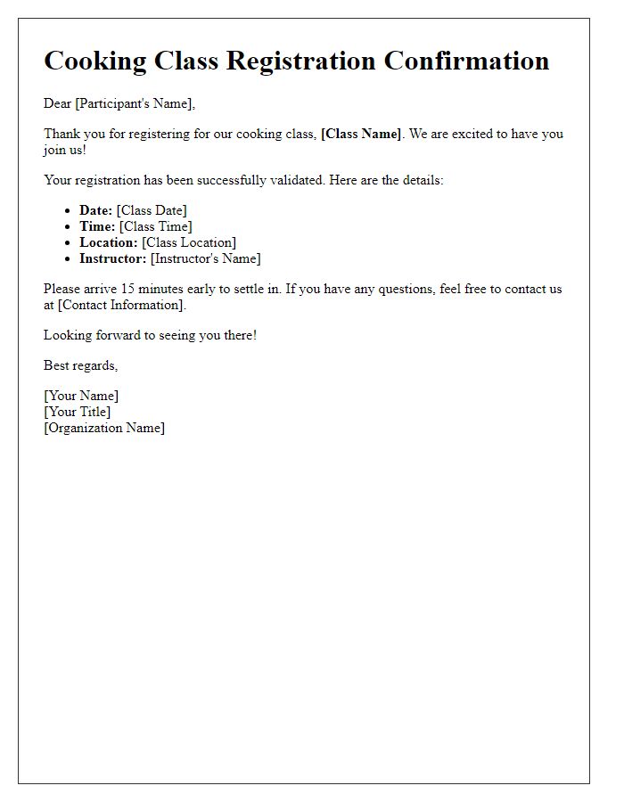 Letter template of cooking class registration validation.
