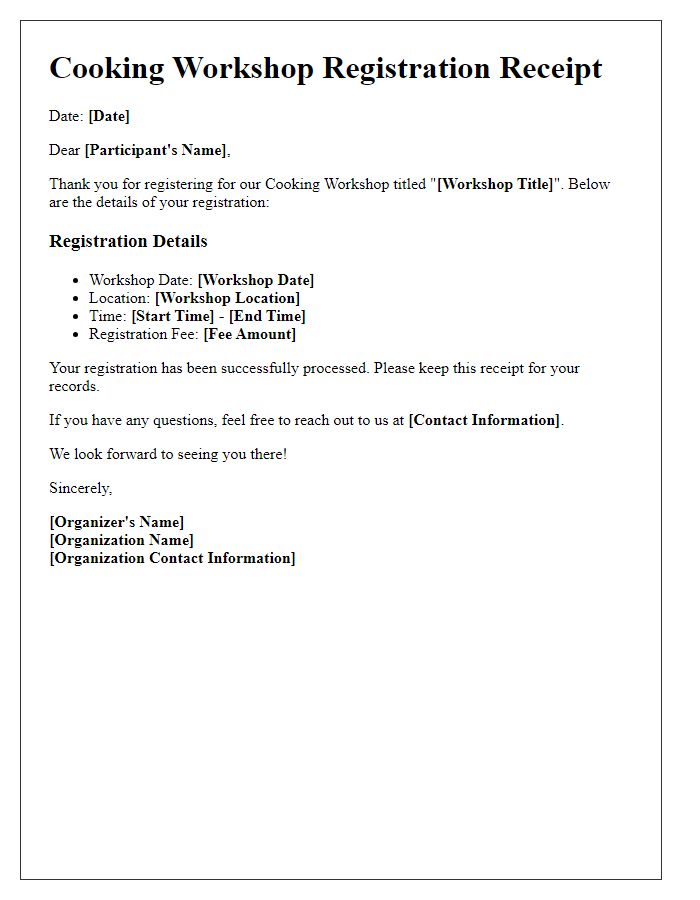 Letter template of cooking workshop registration receipt.