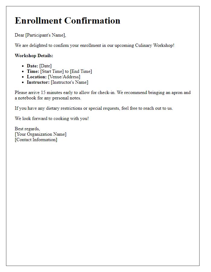 Letter template of culinary workshop enrollment confirmation.