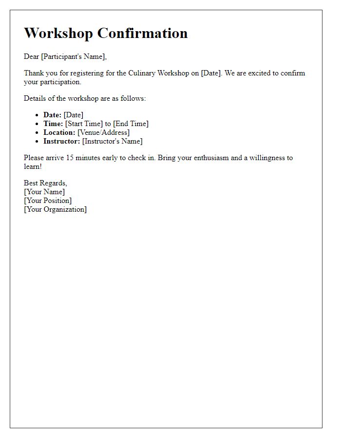 Letter template of culinary workshop participant confirmation.