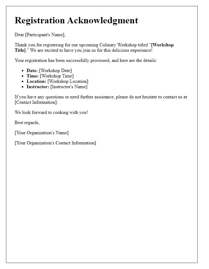 Letter template of culinary workshop registration acknowledgment.