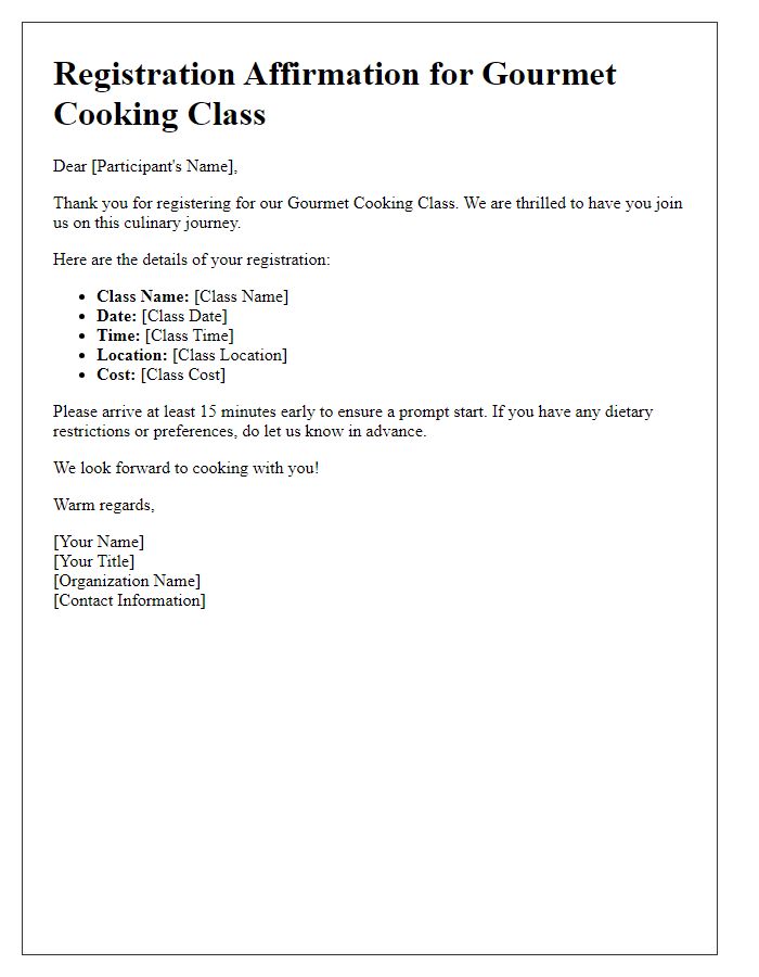 Letter template of gourmet class registration affirmation.