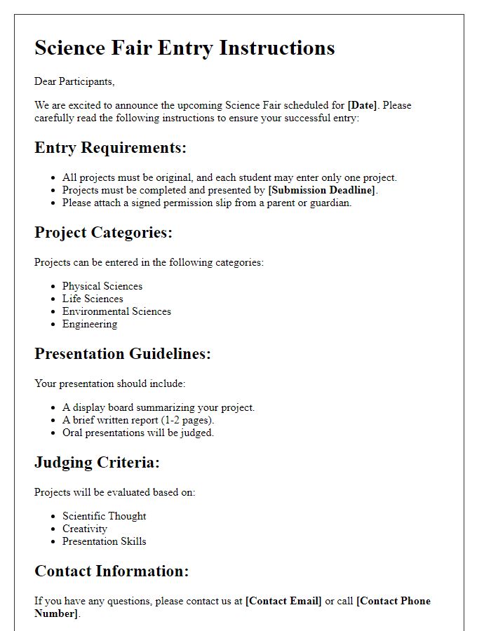 Letter template of science fair entry instructions