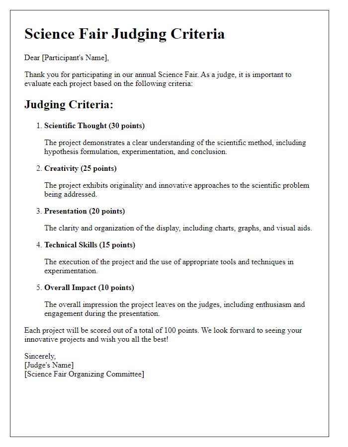 Letter template of science fair judging criteria