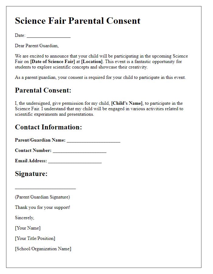 Letter template of science fair parental consent details