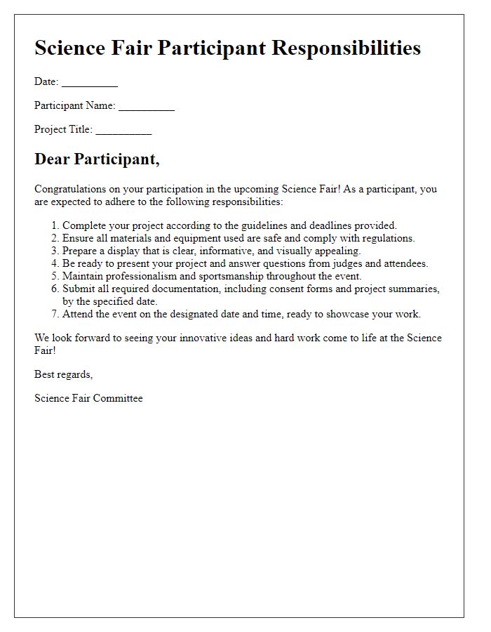 Letter template of science fair participant responsibilities