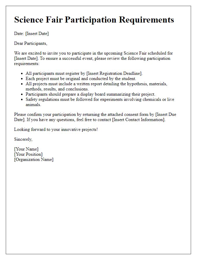 Letter template of science fair participation requirements