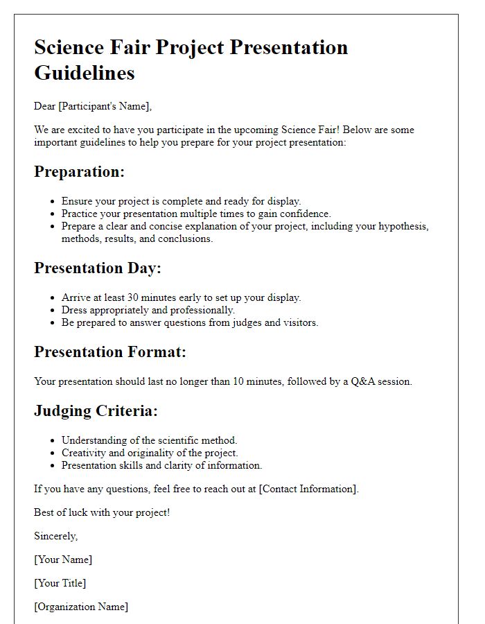 Letter template of science fair project presentation guidelines