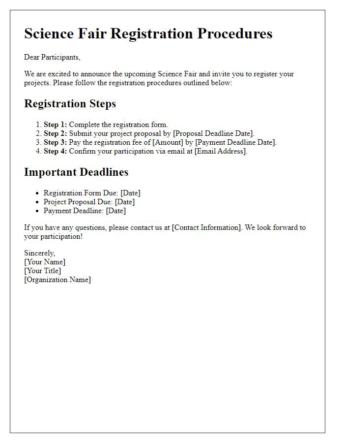 Letter template of science fair registration procedures