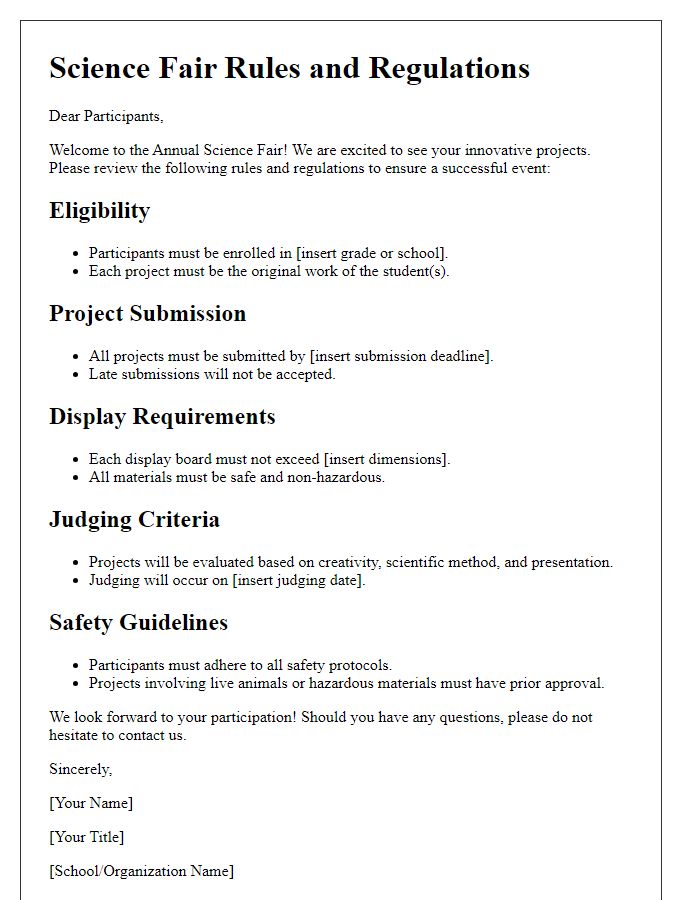 Letter template of science fair rules and regulations