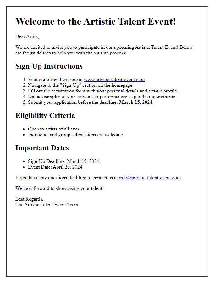 Letter template of artistic talent event sign-up guidance