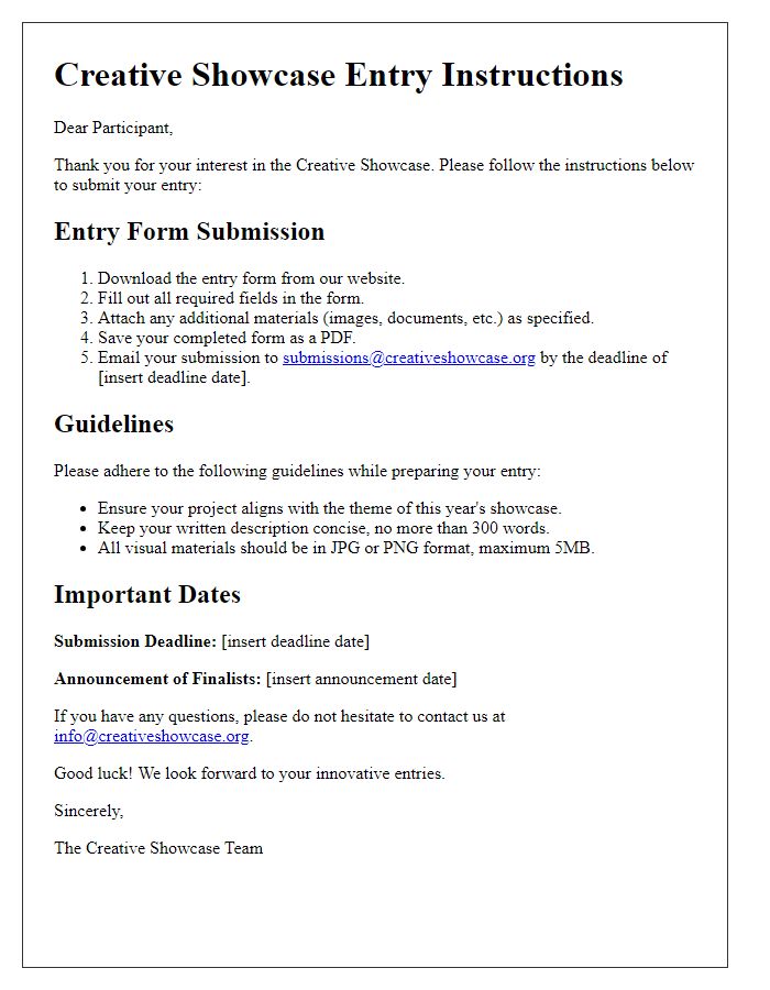 Letter template of creative showcase entry form instructions