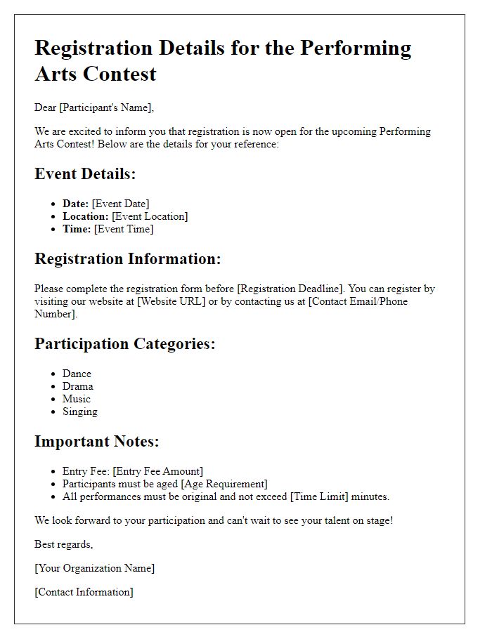 Letter template of performing arts contest registration details