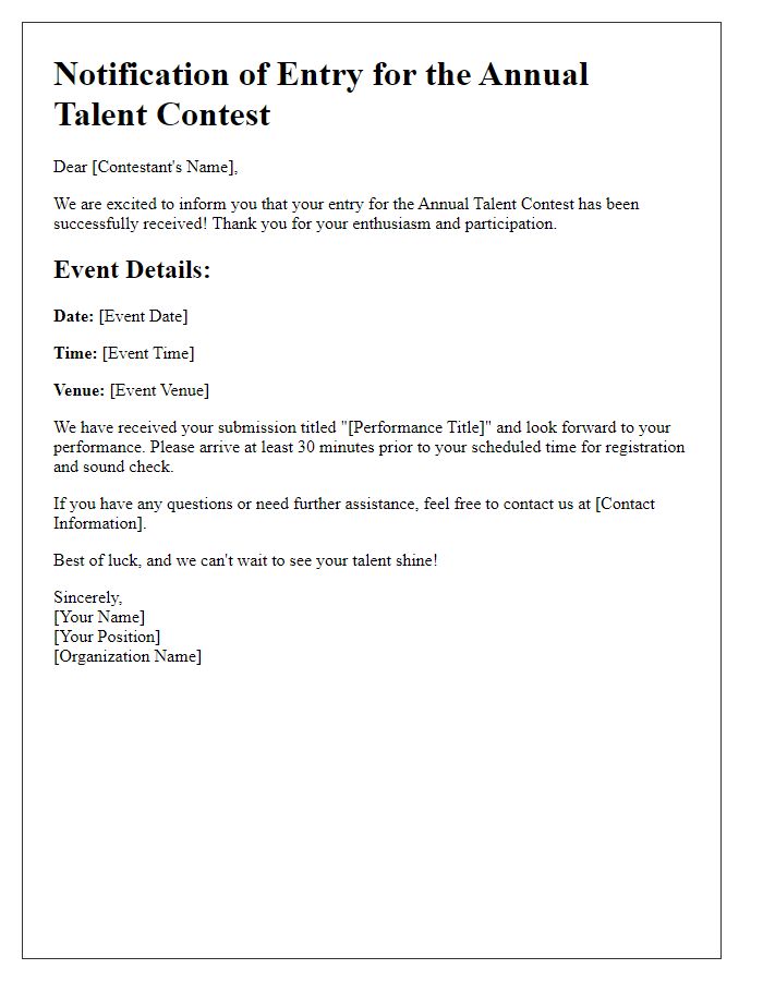 Letter template of talent contest entry notification