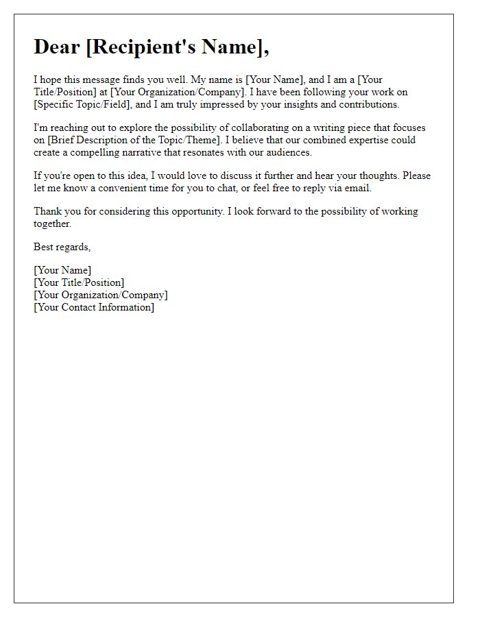 Letter template of collaboration outreach for writing piece.