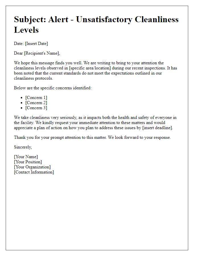 Letter template of alert regarding unsatisfactory cleanliness levels