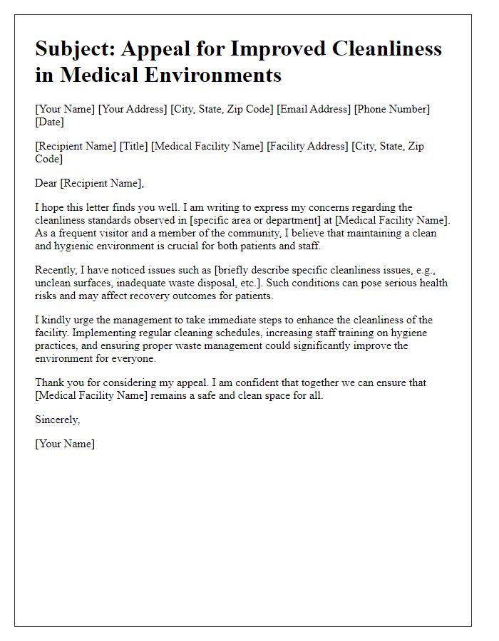 Letter template of appeal for better cleanliness in medical environments