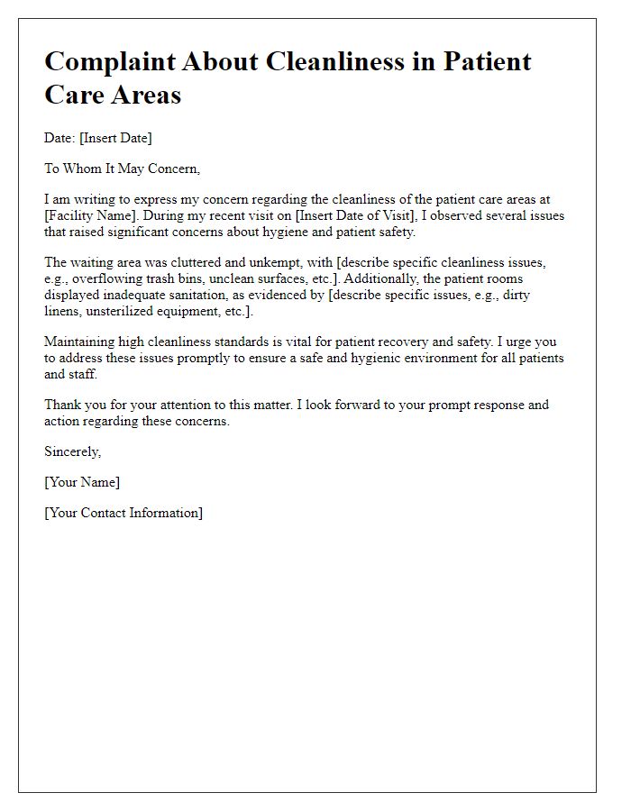 Letter template of complaint about cleanliness in patient care areas