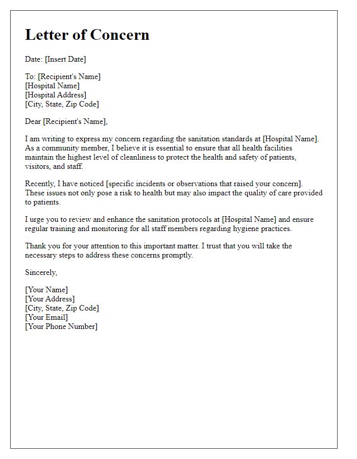 Letter template of concern regarding hospital sanitation standards