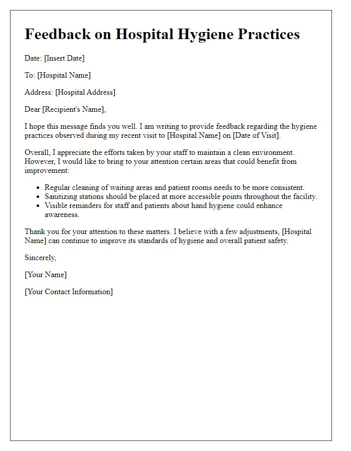 Letter template of feedback on hospital hygiene practices