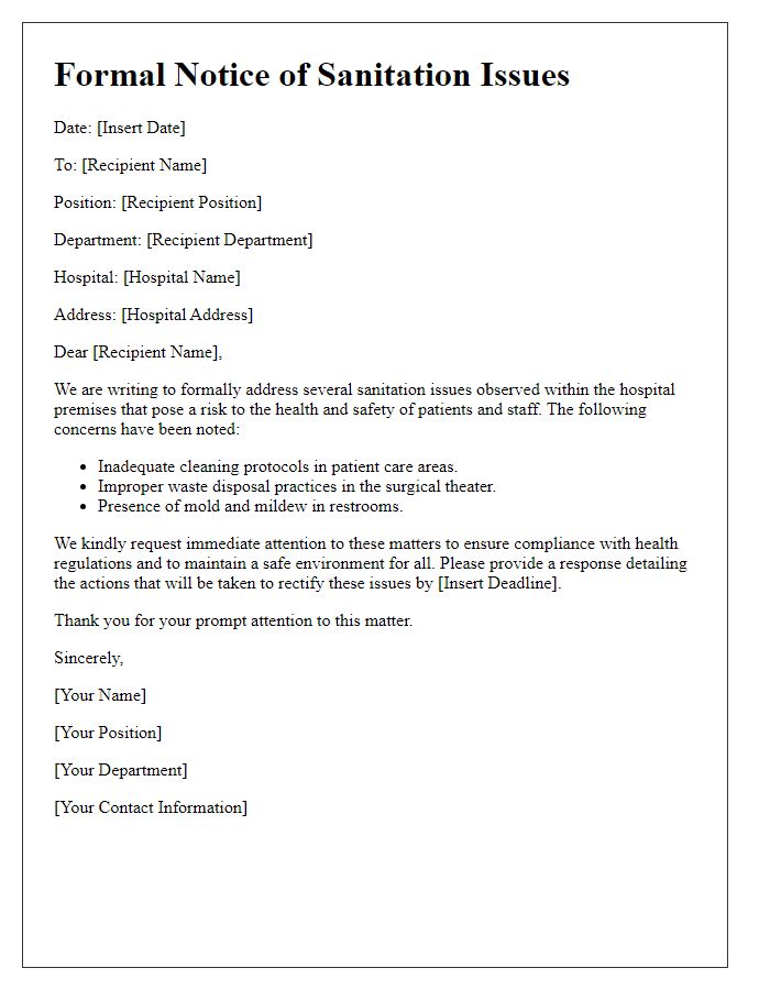 Letter template of formal notice about sanitation issues at the hospital