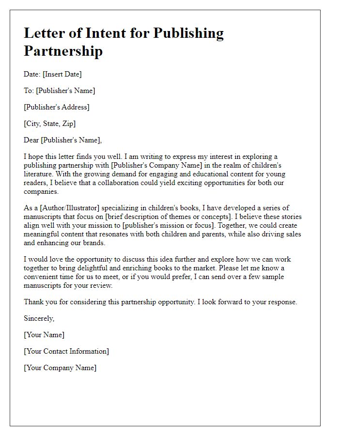 Letter template of publishing partnership collaboration for children's books.