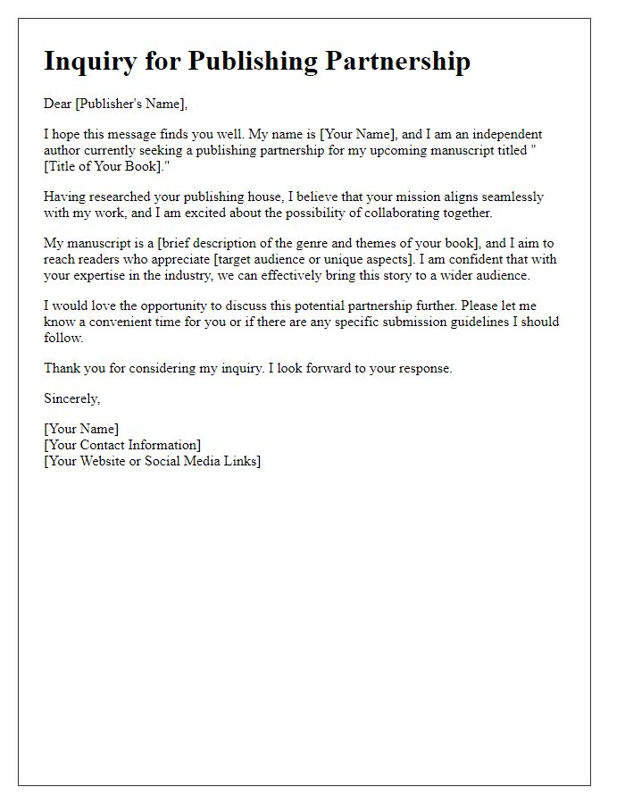 Letter template of publishing partnership inquiry for independent authors.