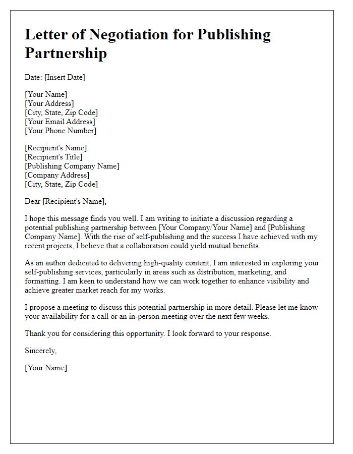 Letter template of publishing partnership negotiation for self-publishing services.