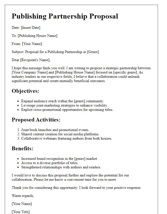 Letter template of publishing partnership plan for genre-based publishing houses.