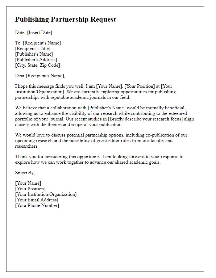 Letter template of publishing partnership request for academic journals.