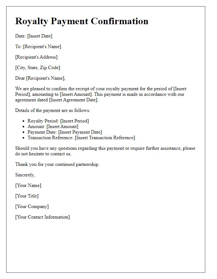 Letter template of royalty payment confirmation