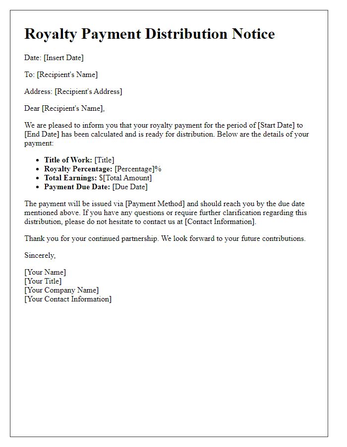 Letter template of royalty payment distribution