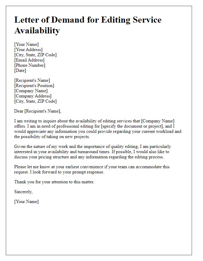 Letter template of demand for editing service availability