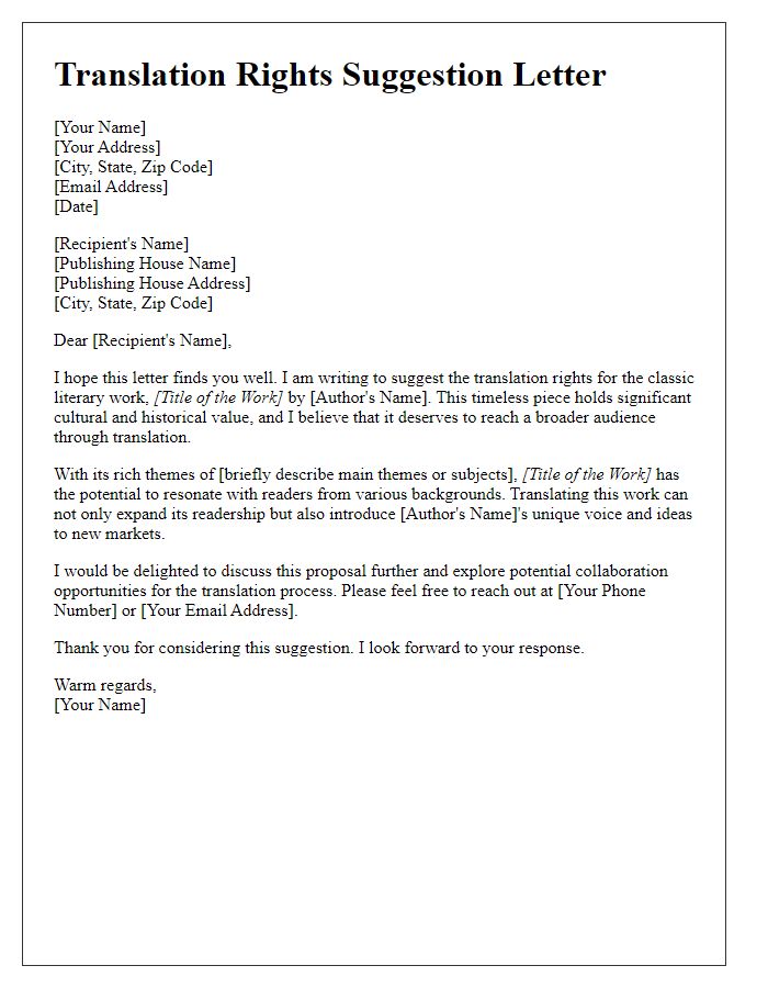 Letter template of translation rights suggestion for classic literature