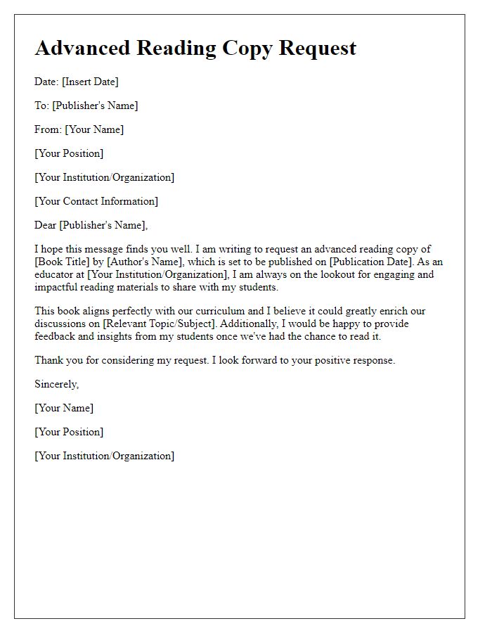 Letter template of advanced reading copy request for educators