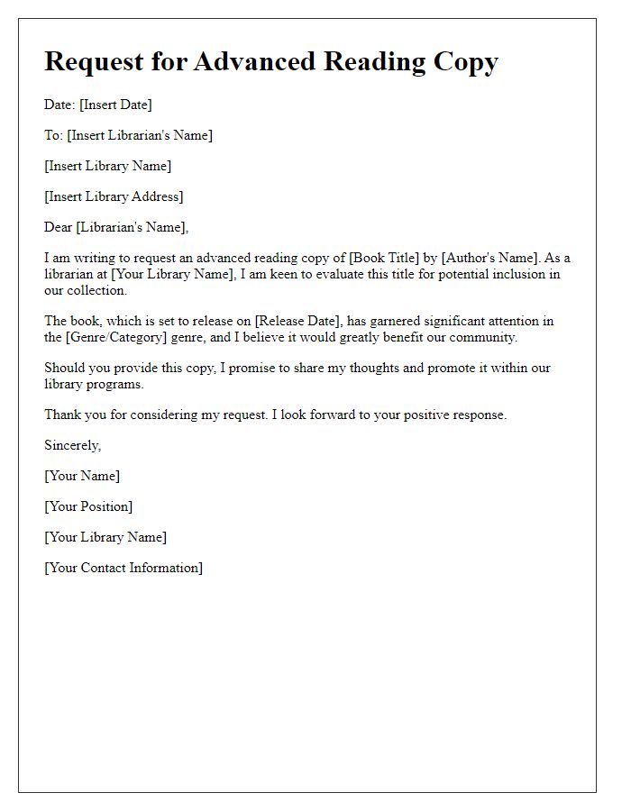 Letter template of advanced reading copy request for librarians